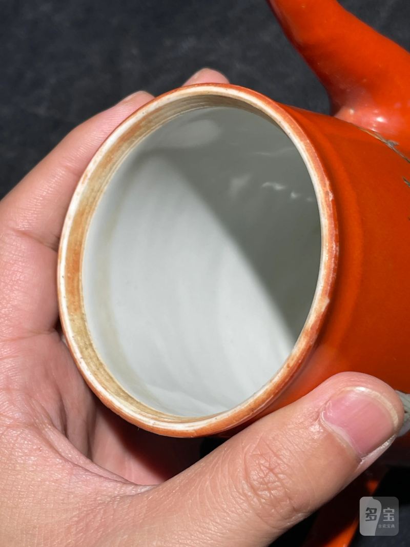 清咸丰 珊瑚红地粉彩花鸟纹执壶 - 图12
